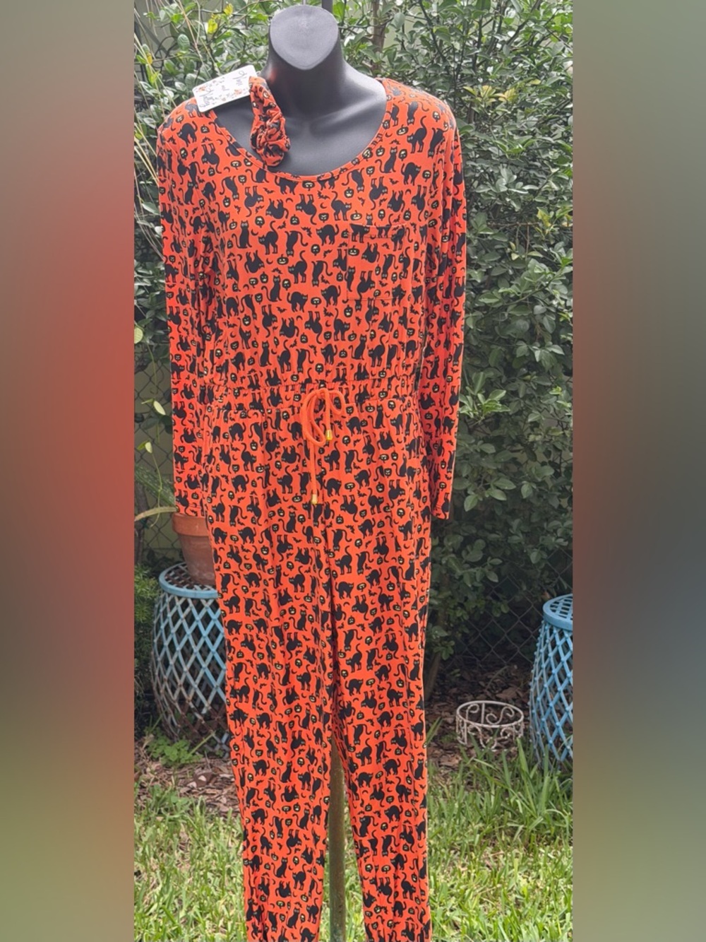 NWT Vine & Valley Orange w/Black Cat Print Jumpsuit/Lounger, Sz L